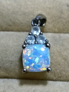 Beautiful Sterling Silver Opal Pendant with White Sapphire Accent Stones Signed